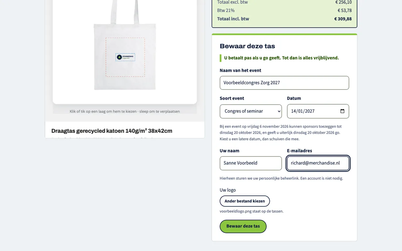 Het formulier Bewaar deze tas met de naam van het event, de datum en het e-mailadres.