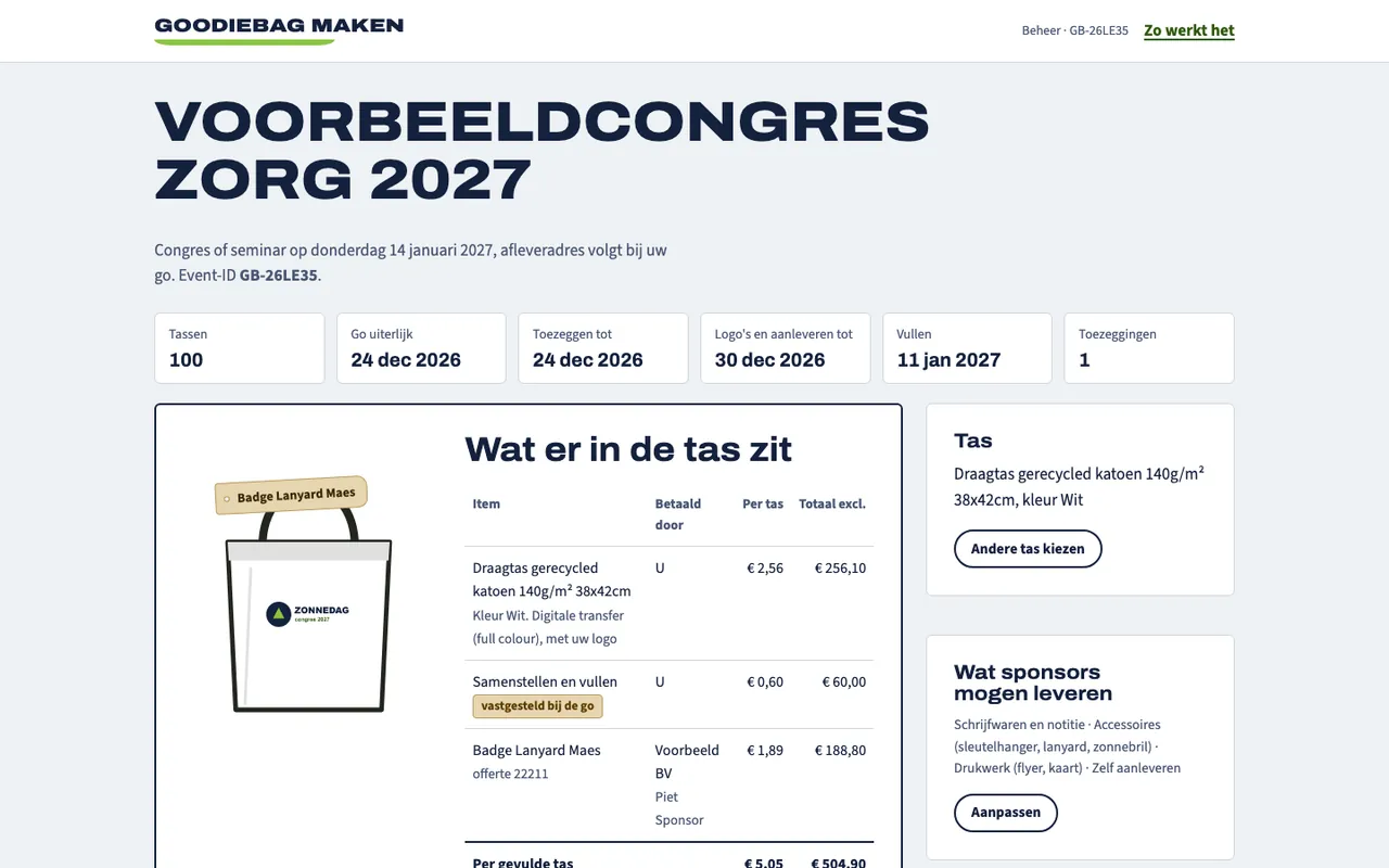 Het dashboard van de organisator met de inhoud van de tas, de bedragen en de deadlines.