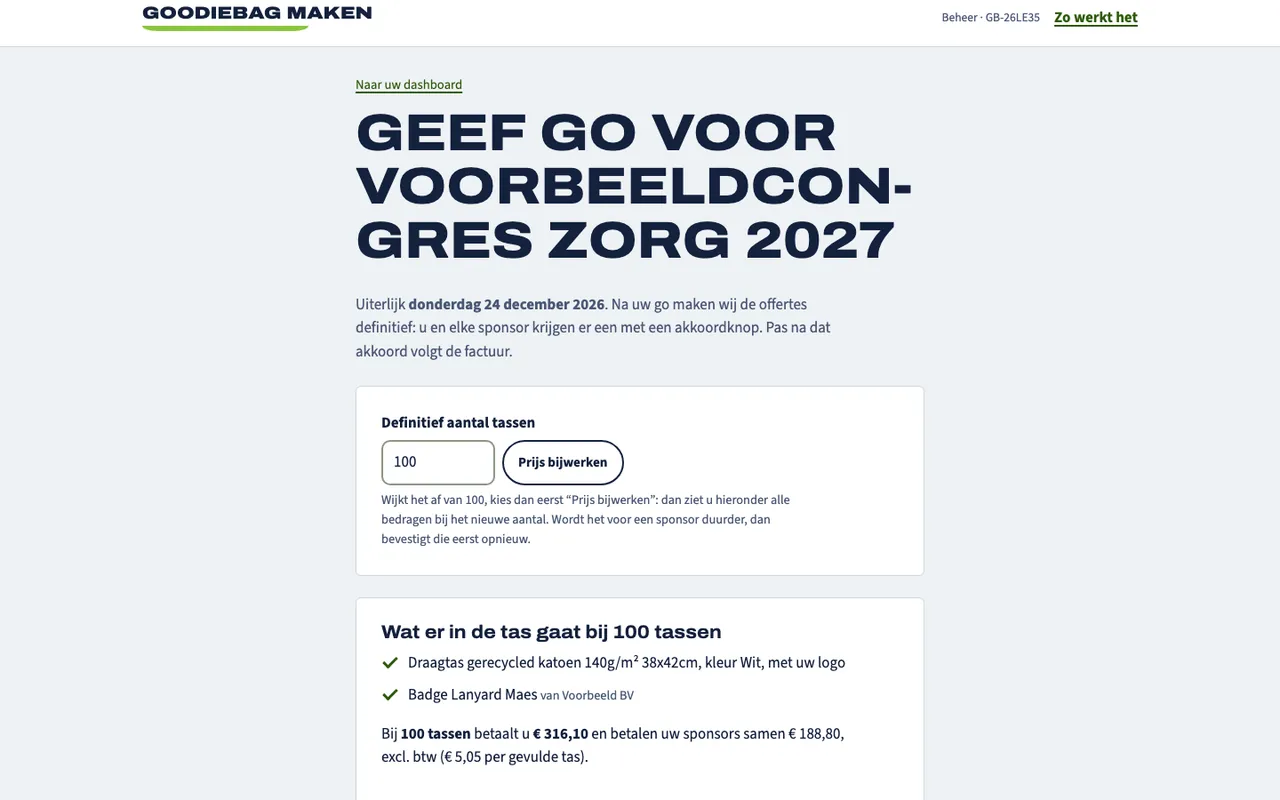 De go-pagina met het definitieve aantal, het afleveradres en de knop Geef go.