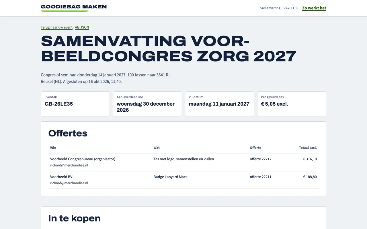 De samenvatting van het event: wat er in elke tas gaat en hoeveel, als werkbon voor het vullen.