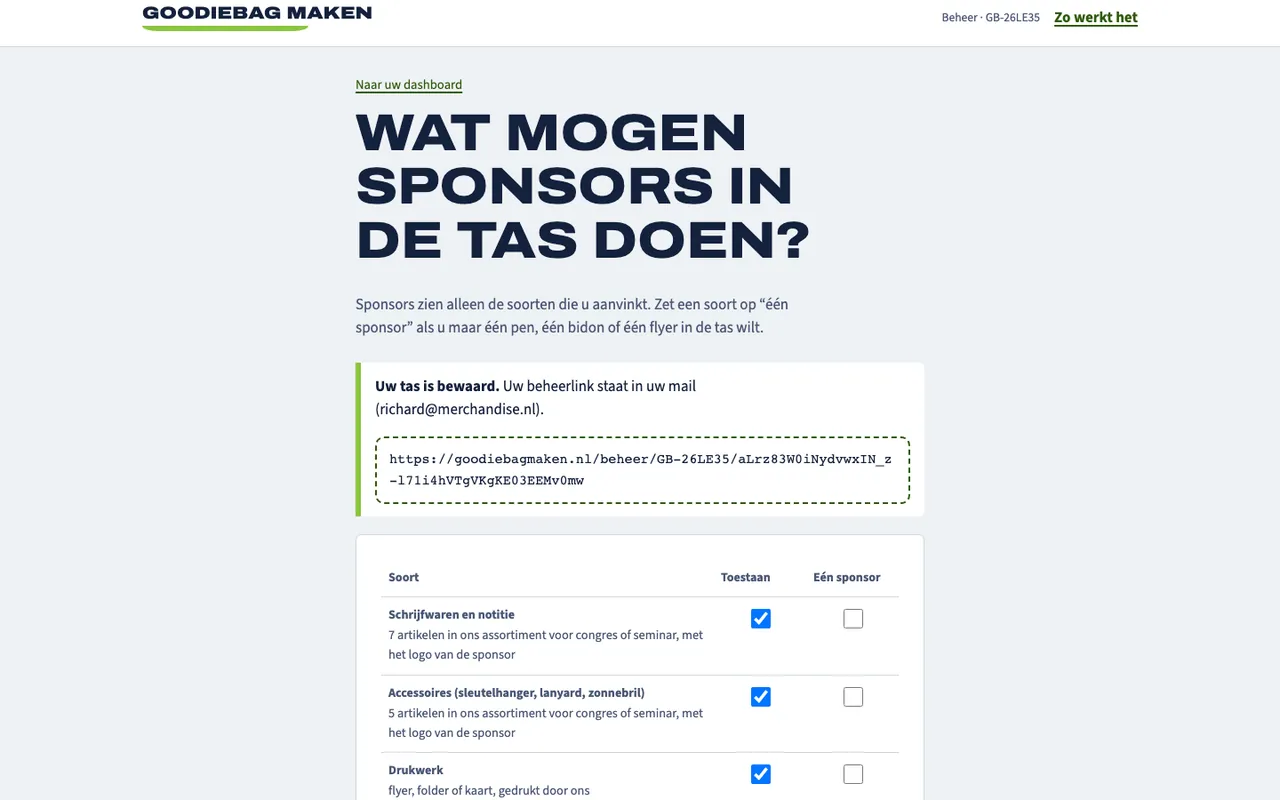 De pagina waarop de organisator per soort goodie aanvinkt wat mag en wat exclusief is.