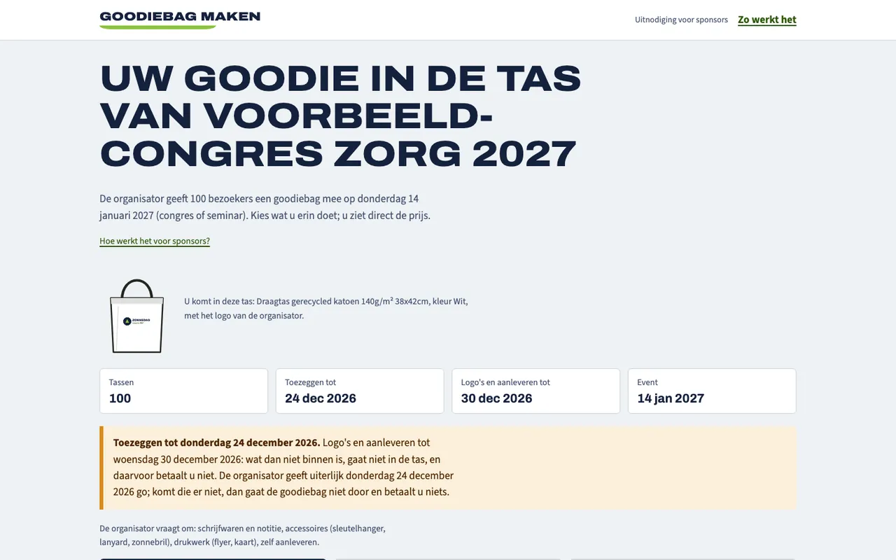 De sponsorpagina: de tas van de organisator, de deadlines en de keuze uit goodies met prijs.