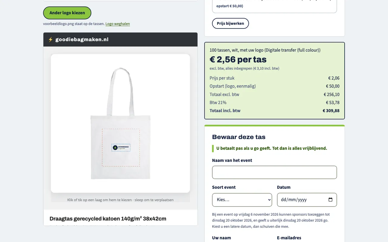 De pagina van één tas met de ontwerpstudio geopend, de kleurkeuze en de prijs.