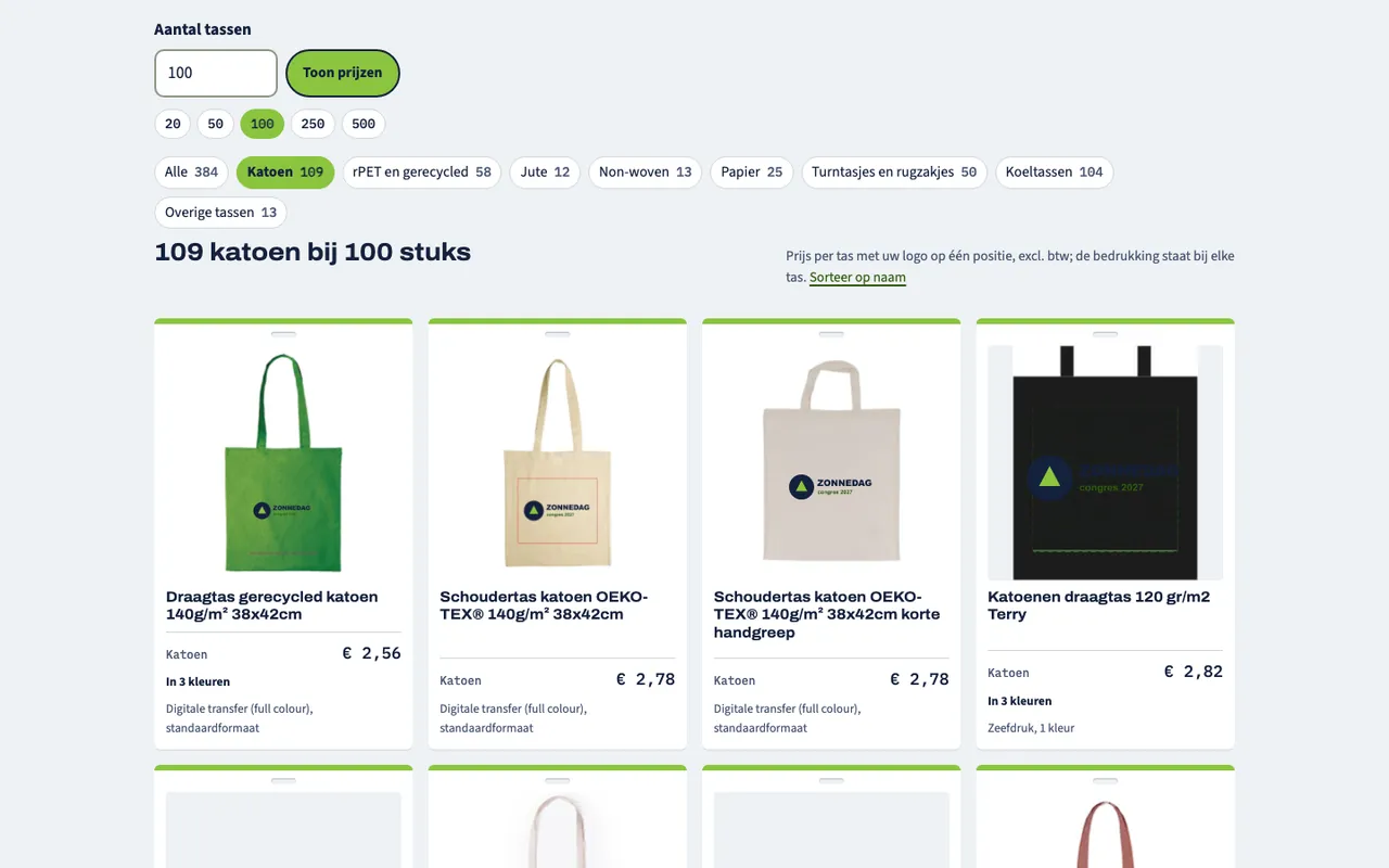 De tassenkiezer: een raster van tassen met het logo van de bezoeker erop en de prijs per tas.