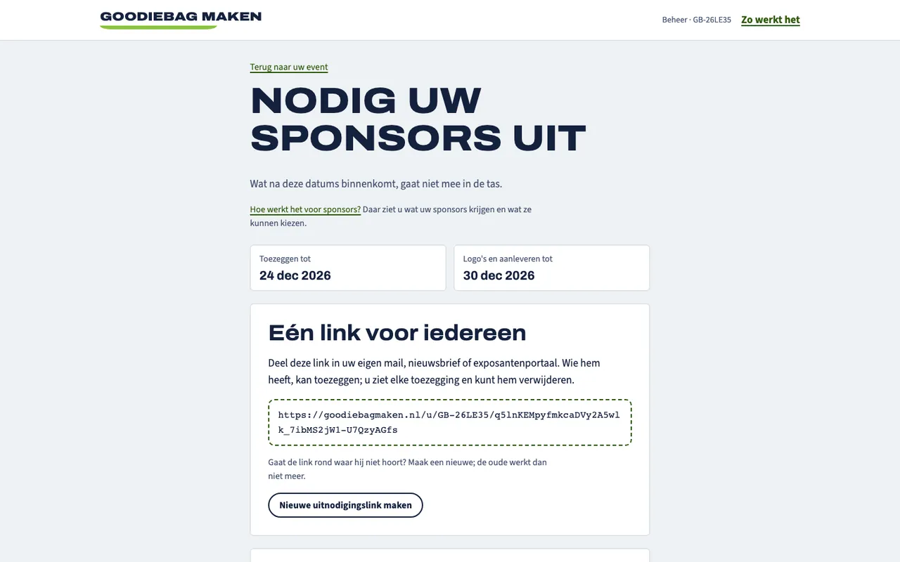 De uitnodigingspagina met de deelbare link en het formulier om sponsors te mailen.